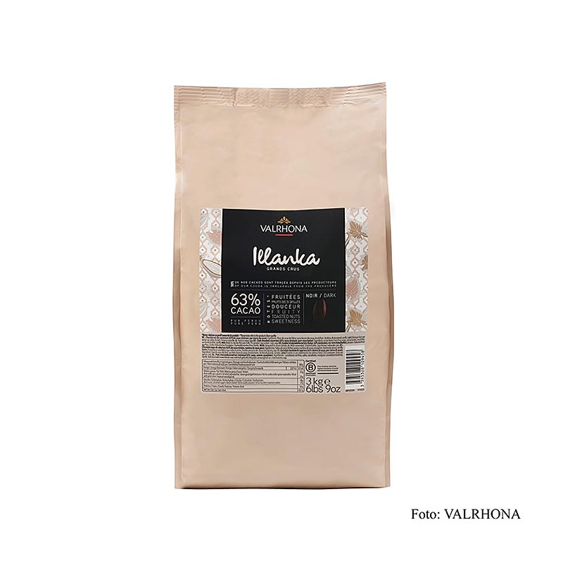 Valrhona Illanka, donkere couverture, callets, 63% cacao, Peru - 3 kg - zak