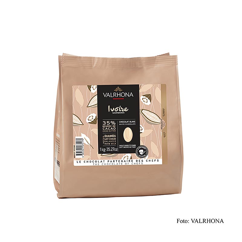 Valrhona Ivoire, hvid couverture som kaldeter, 35% kakaosmør, 21% mælk - 1 kg - taske