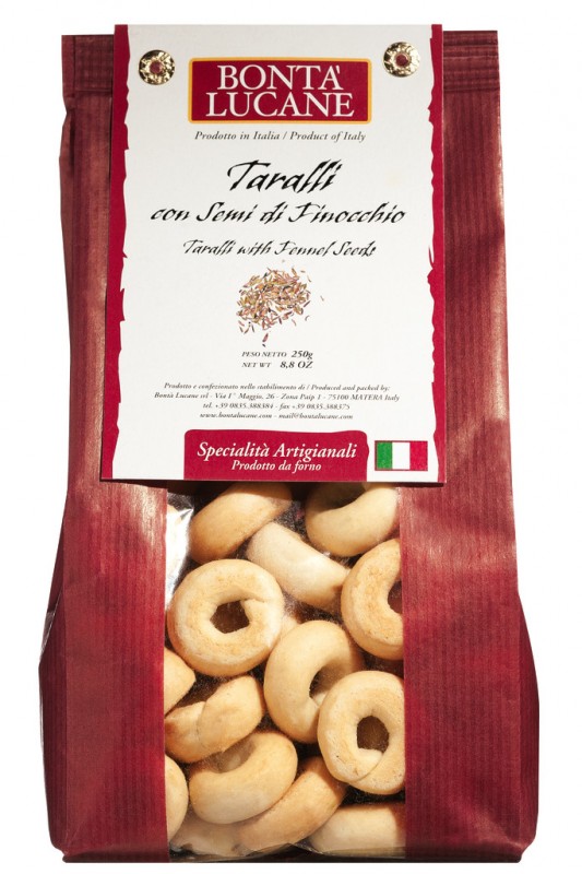 Taralli con semi di finocchio, Salzgebäck mit Fenchelsamen, Bonta Lucane - 250 g - Beutel