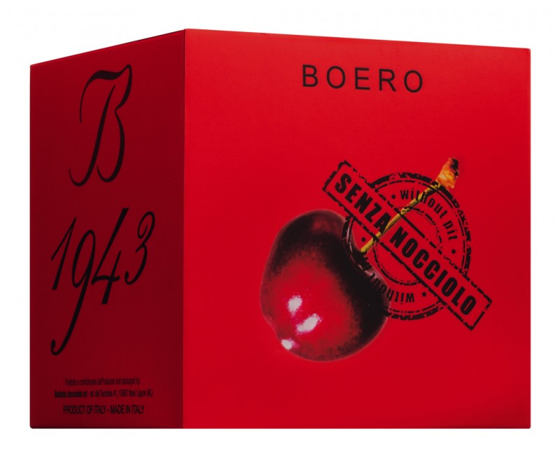 Cubo Boero fondente senza nocciolo, dark praline with cherry in alcohol, Bodrato Cioccolato - 200 g - pack