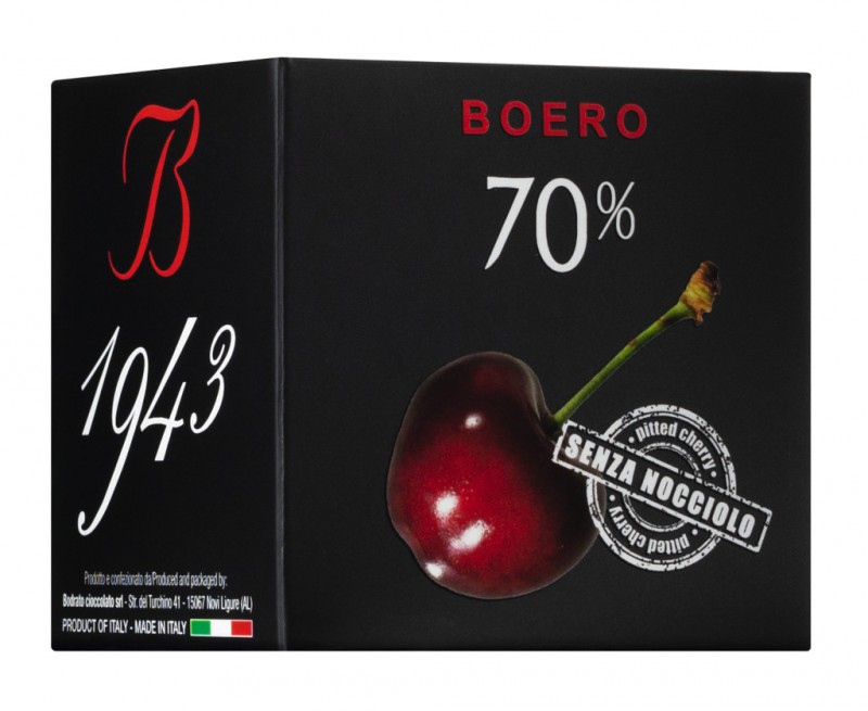 Cubo Boero extra fondente senza nocciolo, Extra Zartbitterpraline mit Kirsche in Alkohol, Bodrato Cioccolato - 100 g - Packung
