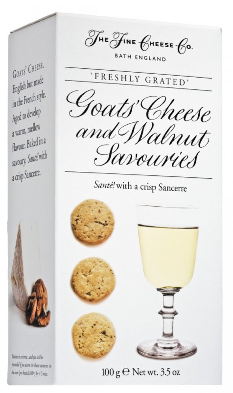 Cheese sables Goat`s Cheese & Walnut, Sandgebäck mit Käse und Walnüssen, Fine Cheese Company - 100 g - Packung Cheese sables Goat`s Cheese & Walnut, Sandgebäck mit Käse und Walnüssen, Fine Cheese Company - 100 g - Packung