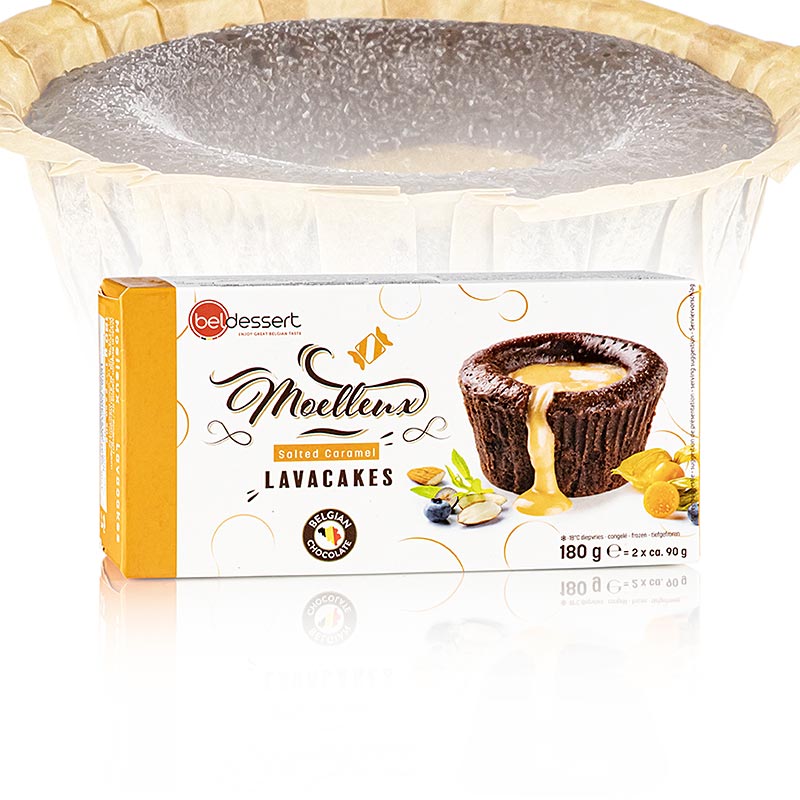 Chocolate lava cake with a liquid salted caramel core, sweet dessert - 1.08 kg, 12 x 90g - carton