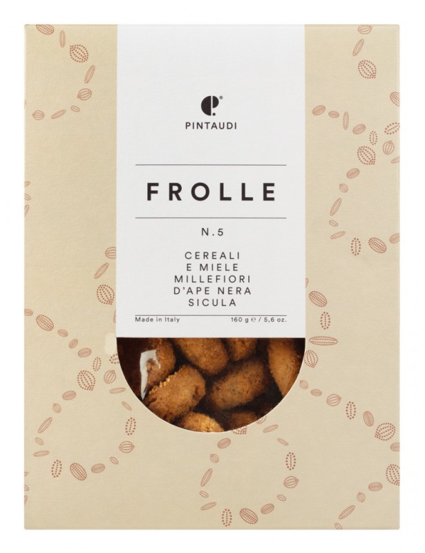 Frolla n. 5 cereali e miele millefiori, Mürbeteigkekse mit Getreide und Honig, Pintaudi - 160 g - Packung Frolla n. 5 cereali e miele millefiori, Mürbeteigkekse mit Getreide und Honig, Pintaudi - 160 g - Packung