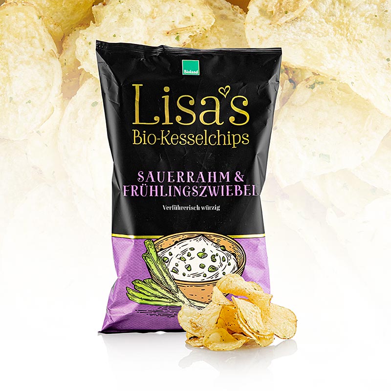 Lisa`s Chips - Oignon de printemps à la crème sure (Chips de pomme de terre) BIOLOGIQUE - 125 grammes - sac