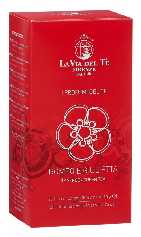 Romeo & Giulietta, Grüner Tee mit Papaya, Erdbeeren und Rosenblüten, La Via del Tè - 20 x 2,5 g - Packung