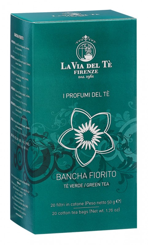 Bancha fiorito, Grüner Tee mit Jasminblüten, La Via del Tè - 20 x 2,5 g - Packung Bancha fiorito, Grüner Tee mit Jasminblüten, La Via del Tè - 20 x 2,5 g - Packung