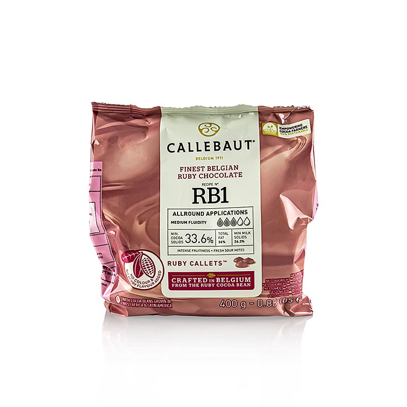 Ruby - pink chocolate, 33.6% cocoa, Callets Couverture, Callebaut - 400 g - bag Ruby - pink chocolate, 33.6% cocoa, Callets Couverture, Callebaut - 400 g - bag