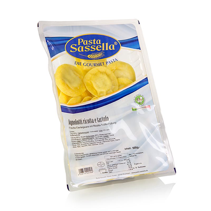 Fresh agnolotti with ricotta and truffle flavor, round and light, sassella - 500 g - Pe shell