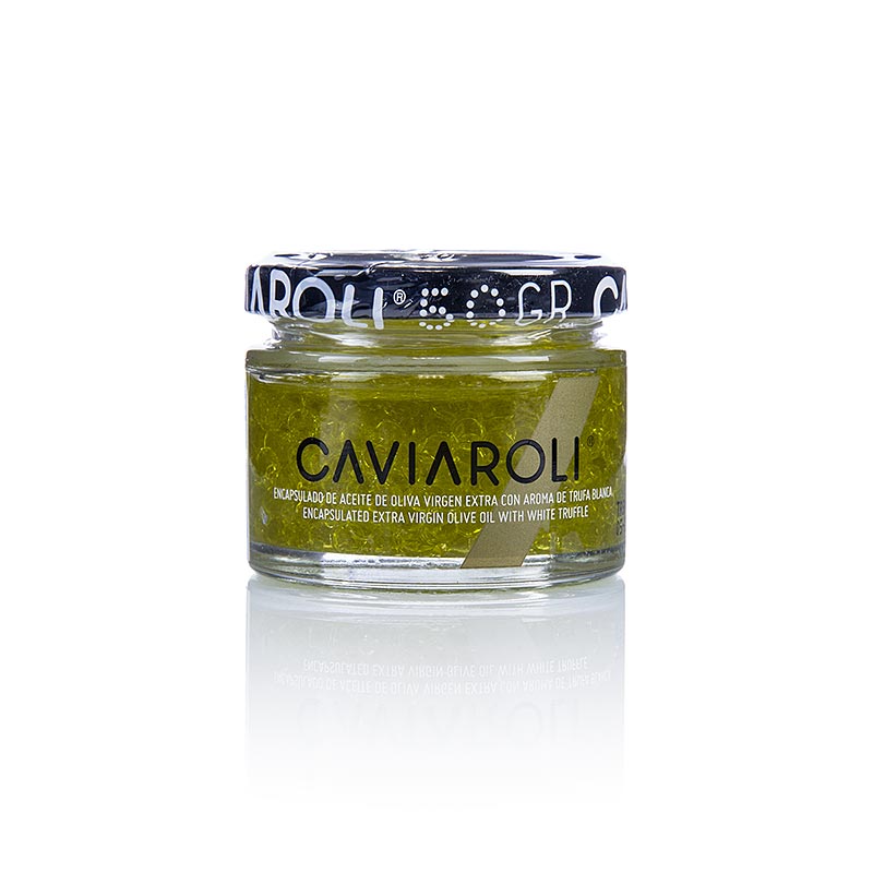 Caviaroli® caviar d`huile d`olive, petites perles à base d`huile d`olive à l`arôme de truffe blanche - 50 grammes - Un verre