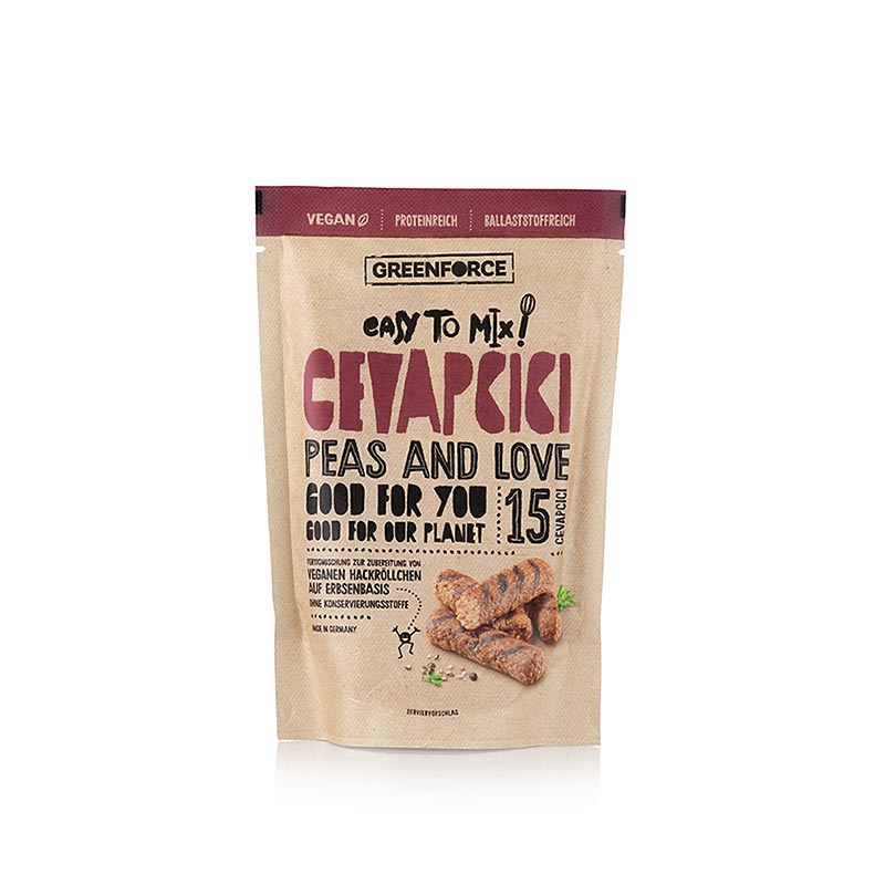 Greenforce Mix für vegane Cevapcici, aus Erbsenprotein - 150 g - Beutel Greenforce Mix für vegane Cevapcici, aus Erbsenprotein - 150 g - Beutel