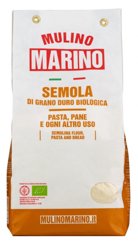 Farine de semoule de blé dur, biologique, provenant du moulin à pierre, pour pâtes, boulettes de pâte, pizza et pain, Mulino Marino - 1000 g - pack