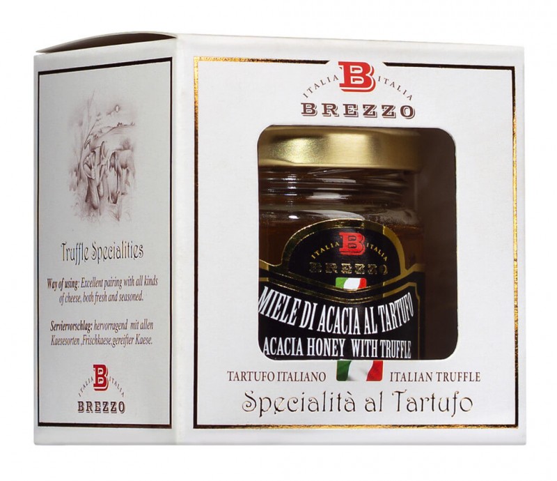 Akazienhonig mit Trüffelaroma, Miele aromatizzato al tartufo, Apicoltura Brezzo - 100 g - Glas