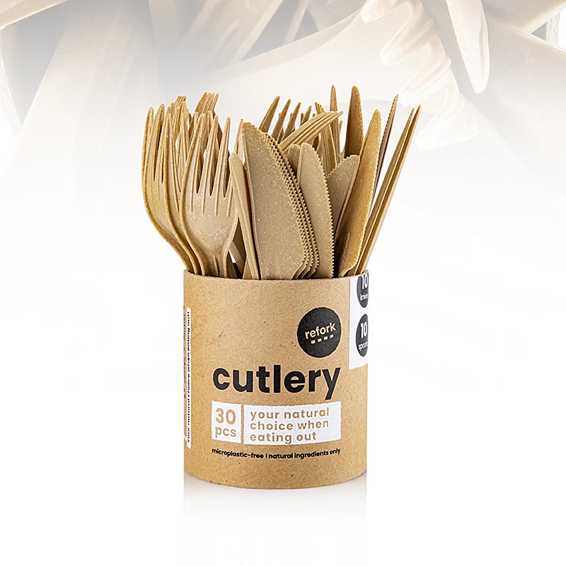 Disposable BBQ cutlery set (15x Ga/Me) in cardboard box, made of sawdust, refork - 30 pieces - can