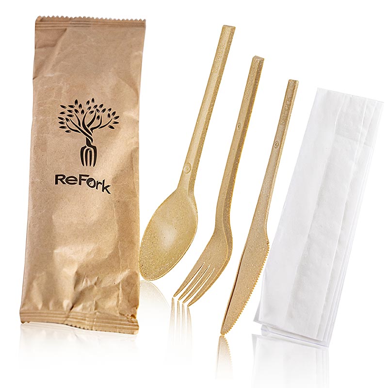 Disposable cutlery set (Lö/Ga/Me/Serv.) in a bag, made of sawdust, refork - 1 pc - bag