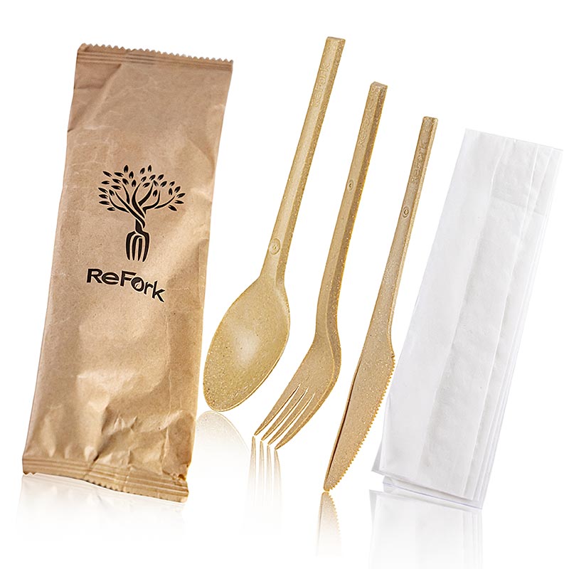 Disposable cutlery set (Lö/Ga/Me/Serv.) in a bag, made of sawdust, refork - 200 pcs - bag