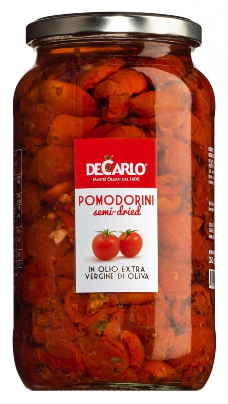 Pomodori semisecchi sott`olio, halvtørrede tomater i olie, De Carlo - 1.000 g - glas