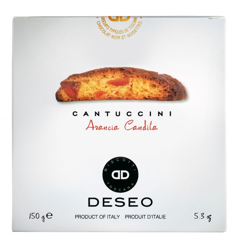 Cantuccini con scorza di arancia candita, Cantuccini mit kandierten Orangenschalen, Deseo - 200 g - Packung Cantuccini con scorza di arancia candita, Cantuccini mit kandierten Orangenschalen, Deseo - 200 g - Packung