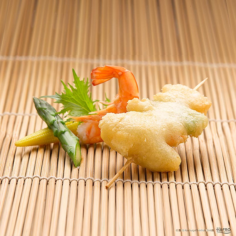 Tempura Teig Garnelenspieße mit Gemüse (gr.Spargel u. Mais) - 1 kg - Schachtel Tempura Teig Garnelenspieße mit Gemüse (gr.Spargel u. Mais) - 1 kg - Schachtel