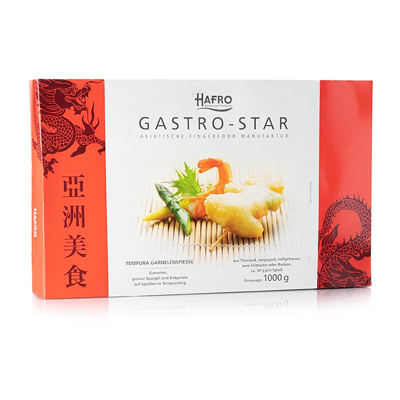 Tempura Teig Garnelenspieße mit Gemüse (gr.Spargel u. Mais) - 1 kg - Schachtel Tempura Teig Garnelenspieße mit Gemüse (gr.Spargel u. Mais) - 1 kg - Schachtel