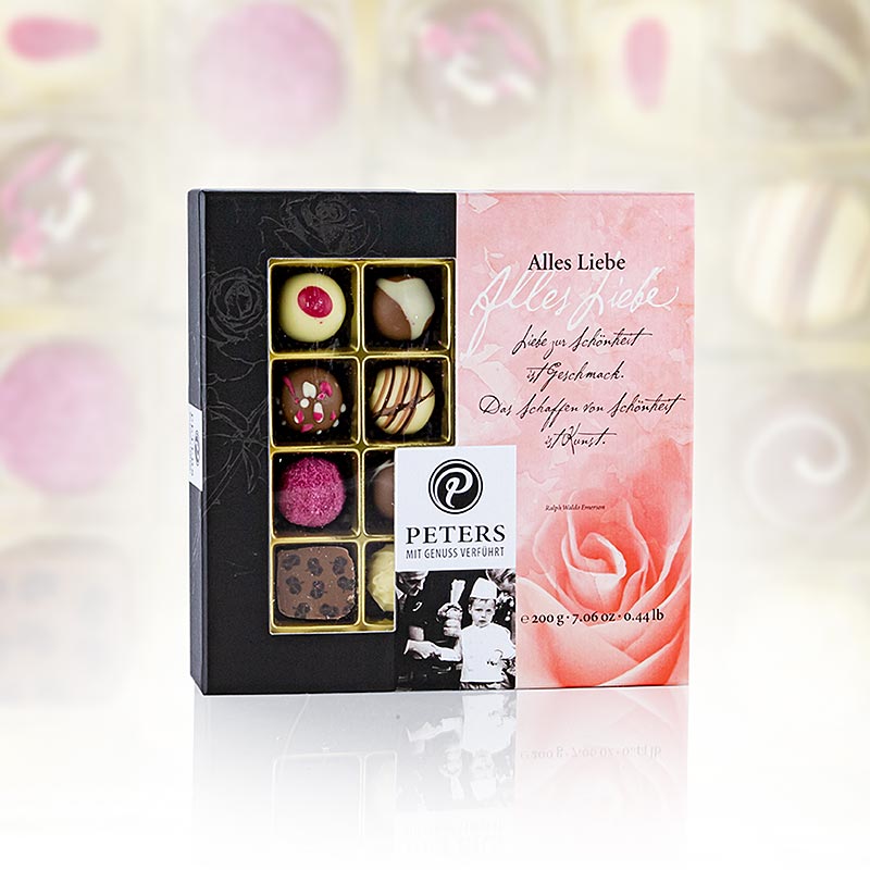 Truffle and praline mix, love, with alcohol, Peters - 200 g, 16 pcs - box