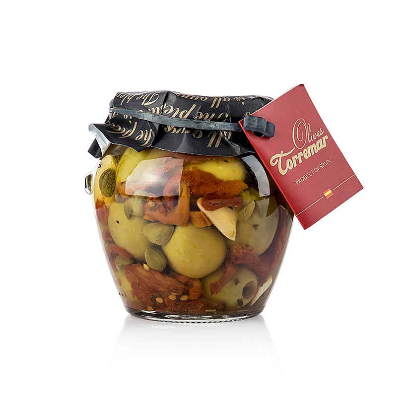 Grønne oliven, stenfri, Gordal, med tomat/kapers, Torremar SL - 580 g - Glas