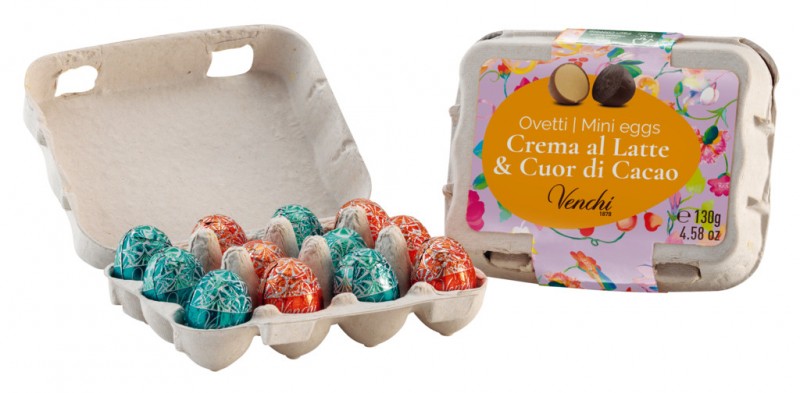 Medium mini eggs cardboard pack, 12 Ostereier gefüllt mit Kakao-u.Milchcreme, Venchi - 8 x 130 g - Display