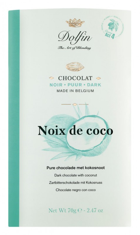 Tablette, Noix de coco, Zartbitterschokolade mit Kokosnuss, Dolfin - 70 g - Stück