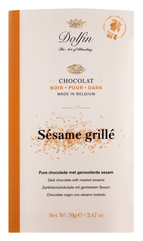 Tablet, Chocolat noir, Sesamgitter, Mørk chokolade med ristet sesam, Dolfin - 70 g - stykke