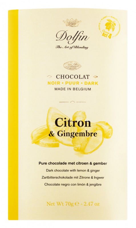 Tablette, Chocolat noir, Citron et Gingembre, Chocolat noir au citron et gingembre, Dolfin - 70g - pièce