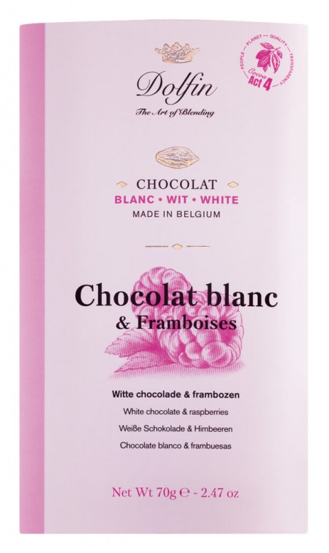 Tablette, Chocolat blanc et Framboises, Chocolat blanc aux framboises, Dolfin - 70g - pièce
