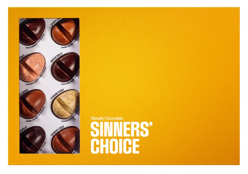 Sinners Choice, 24 aromatisierte Schokoladenstücke, sortiert, Simply Chocolate - 240 g - Packung