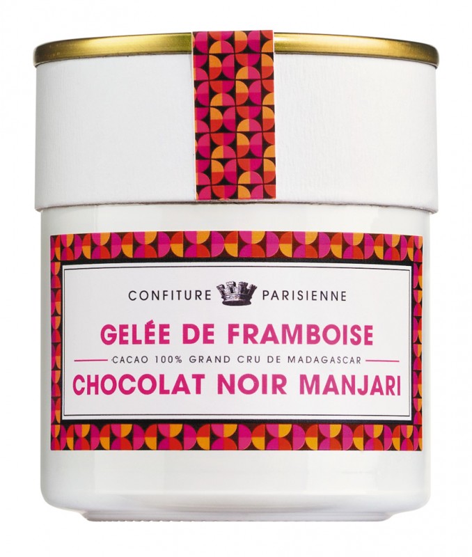 Gelee de Framboise et Chocolat Noir Manjari, frambozengelei met pure chocolade, Confiture Parisienne - 250 gram - Glas