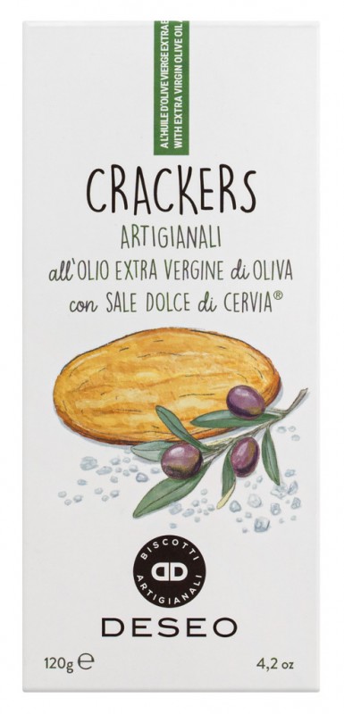 Crackers allolio e.vergine e sale dolce di Cervia, Cracker m.nativem Olivenöl extra + Salz aus Cervia, Deseo - 120 g - Packung Crackers allolio e.vergine e sale dolce di Cervia, Cracker m.nativem Olivenöl extra + Salz aus Cervia, Deseo - 120 g - Packung