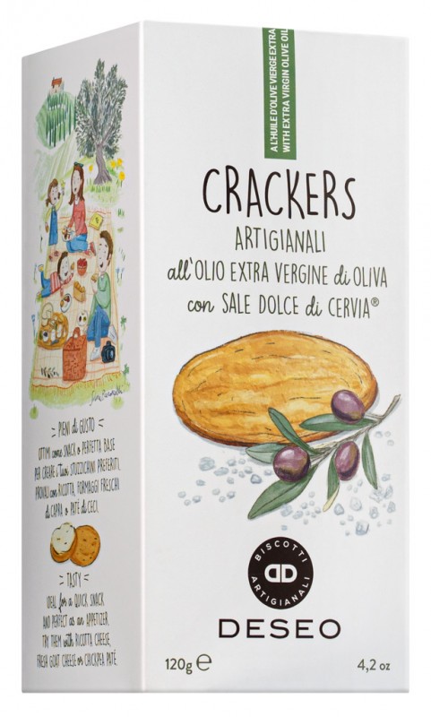 Crackers allolio e.vergine e sale dolce di Cervia, Cracker m.nativem Olivenöl extra + Salz aus Cervia, Deseo - 120 g - Packung Crackers allolio e.vergine e sale dolce di Cervia, Cracker m.nativem Olivenöl extra + Salz aus Cervia, Deseo - 120 g - Packung