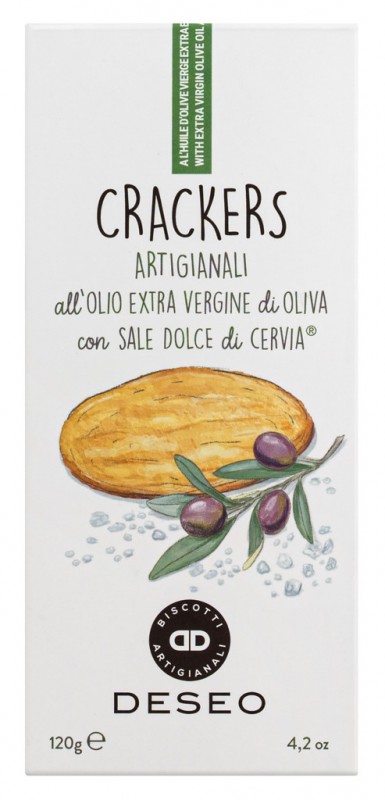 Crackers allolio e.virgine e sale dolce di Cervia, Crackers met extra vergine olijfolie + zout uit Cervia, Deseo - 120g - inpakken