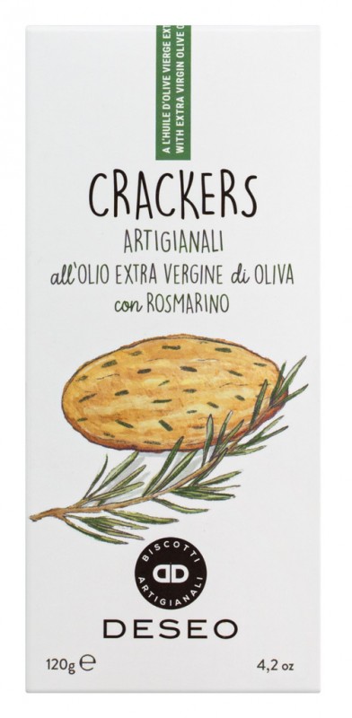 Crackers all`olio extr vergine d`oliva e rosmarino, Crackers met extra vergine olijfolie en rozemarijn, Deseo - 120g - inpakken