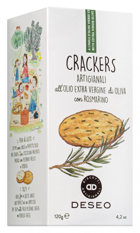 Crackers all`olio extr vergine d`oliva e rosmarino, Crackers met extra vergine olijfolie en rozemarijn, Deseo - 120g - inpakken