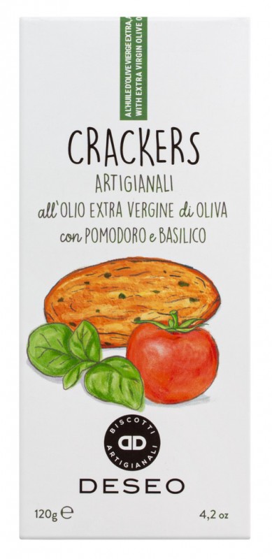 Crackers allolio e.vergine, pomodoro e basilico, crackers m. inheems. Extra olijfolie, tomaten, basilicum, deseo - 120g - inpakken