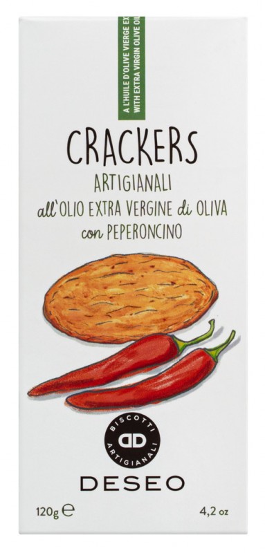 Crackers allolio extra vergine con peperoncino, Crackers à l`huile d`olive extra vierge et au piment, Deseo - 120g - pack
