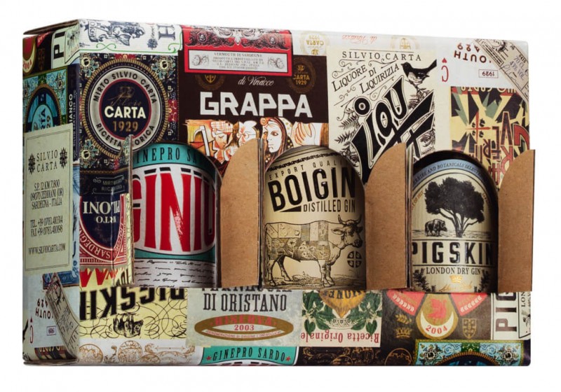 Mignon Set GIN SARDO, set of 3 gin consisting of Pigskin, Giniu, Boigin, Silvio Carta - 3 x 0.1L - set Mignon Set GIN SARDO, set of 3 gin consisting of Pigskin, Giniu, Boigin, Silvio Carta - 3 x 0.1L - set