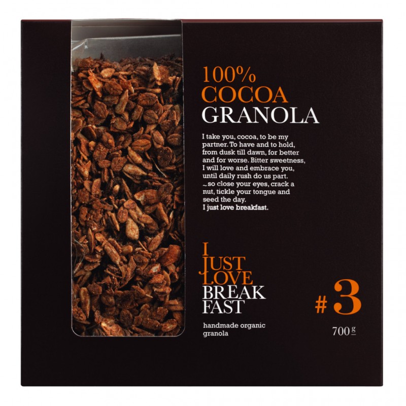 nr. 3 Cocoa Granola, økologisk, Big Pack, Crunchy müsli med kakao, økologisk, Big Pack, I Just Love Breakfast - 700 g - taske