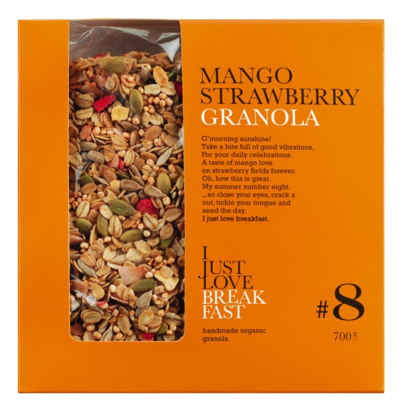 Nr.8 Mango Strawberry Granola, organic, Knuspermüsli mit Erdbeeren und Mango, Bio, I Just Love Breakfast - 700 g - Beutel