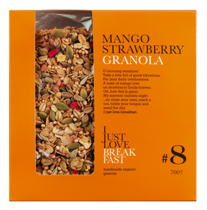 No.8 Mango Strawberry Granola, bio, krokante muesli met aardbeien en mango, bio, I Just Love Breakfast - 700g - tas