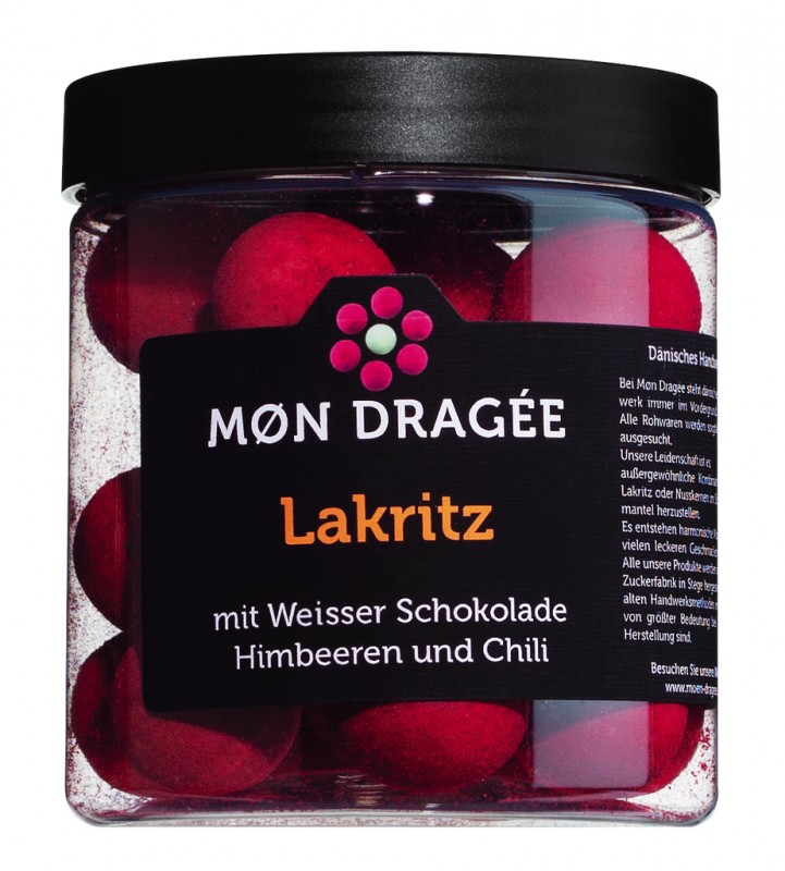 Liquorice with white chocolate raspberry + chili, Lakritz in weißer Schokolade m.Himbeeren + Chili, MØn Dragee - 150 g - Stück