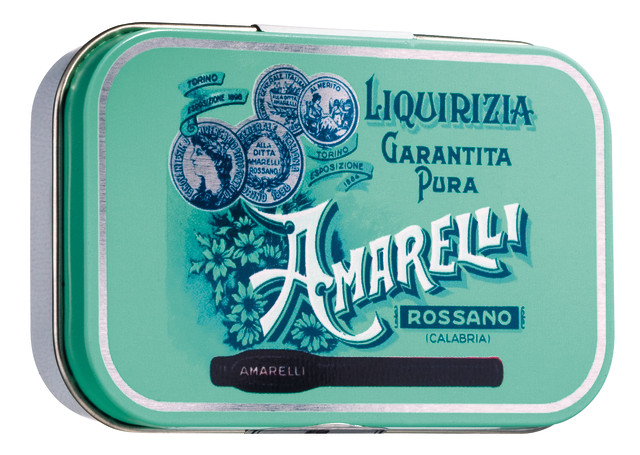 Liquirizia lattina verde, pur in großen Stücken, Lakritzpastillen Dose Medaglie, Amarelli - 12 x 40 g - Display