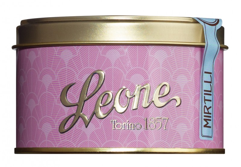 Tondini Mirtilli Gelatine, Fruchtgeleebonbons Blaubeere, Leone - 150 g - Dose