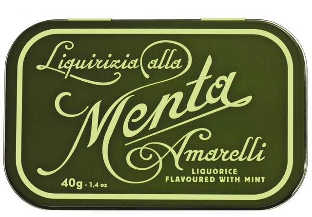 Lakritzpastillen mit Minze dunkelgrüne Dose, Liquirizia alla Menta - Green, Amarelli - 12 x 40 g - Display