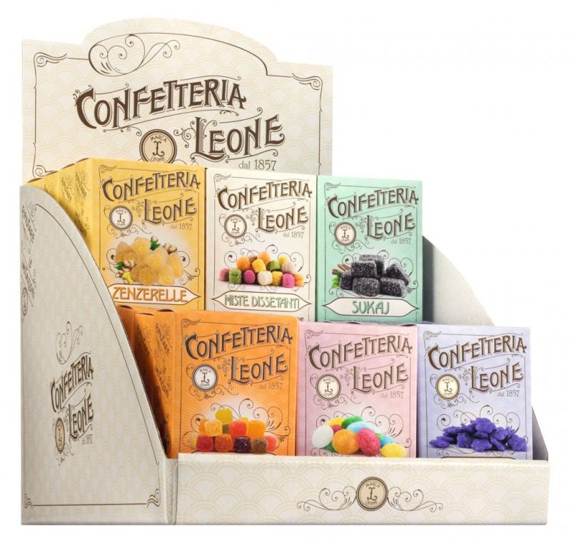 Espositore assortito astucci confetteria, Bonbons, sortiert im Display, Leone - 30 x 80 g - Display