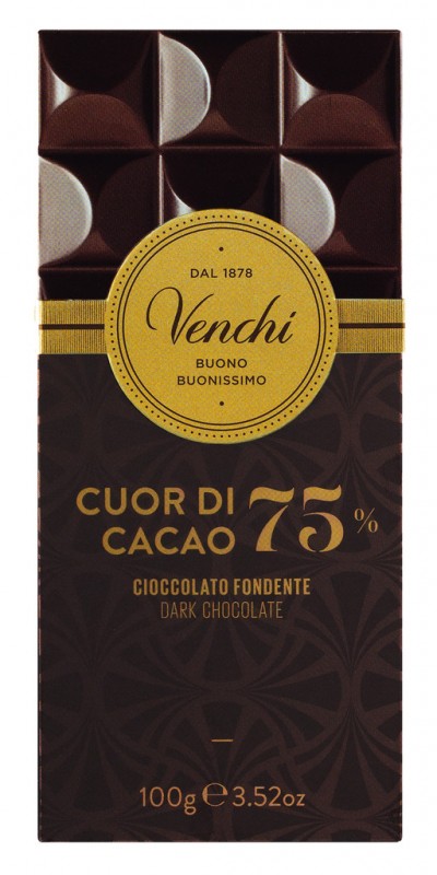 75% mørk chokoladebar, 75% mørk chokolade, Venchi - 100 g - stykke